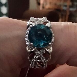 JTV Teal Fluorite Intricate Design Silver Ring